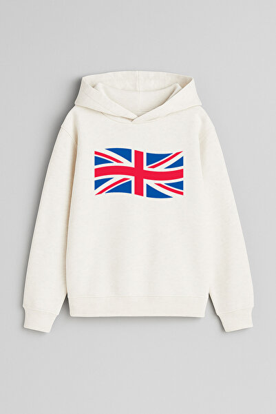 MODA İngiltere Bayrağı Baskılı Ekru Kız Erkek Çocuk Kapüşonlu Sweatshirt