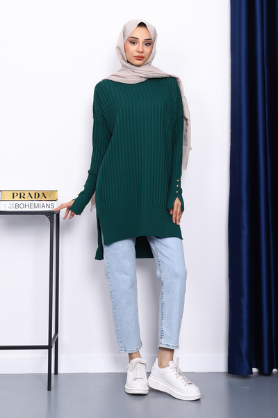 İmajButik Emerald Green Short Front Long Back Knit Tunic