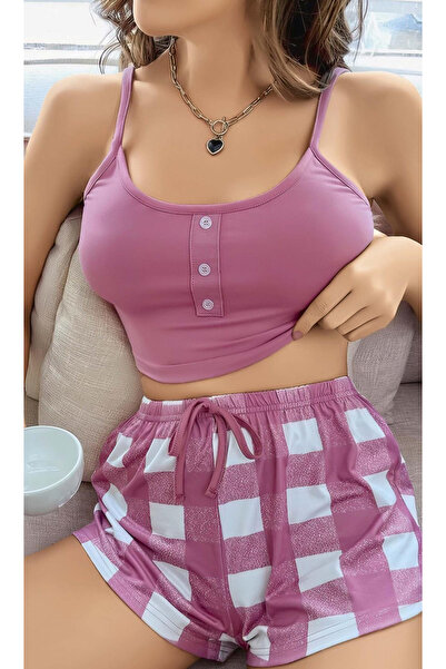 Budi Litae Pink Checkered Patterned Suspender Shorts Pajama Set