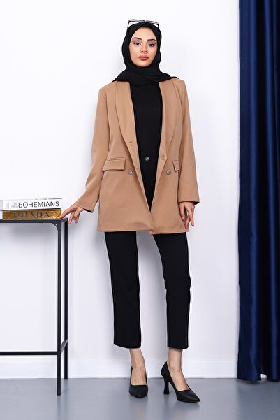 İmajButik Biscuit Buttoned Double Breasted Collar Crepe Jacket