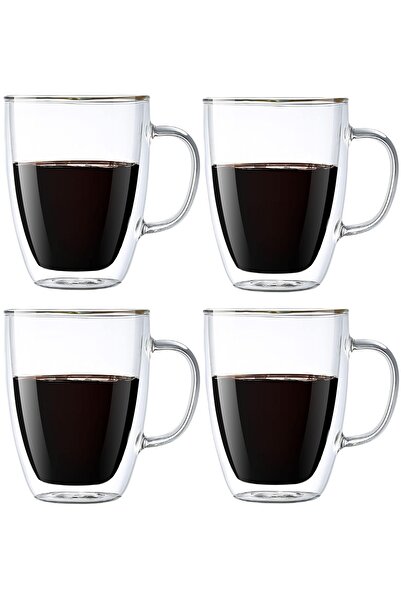 ELEGANT HOME 4-Piece Double Wall Glass Cup Set Clear With Handle 350ml