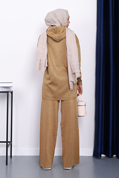 İmajButik Χρυσό Σετ Πλεκτό με Κουκούλα και Ασημί Λάμψη