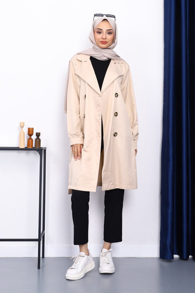 İmajButik Beige Double Breasted Collar Trench Coat