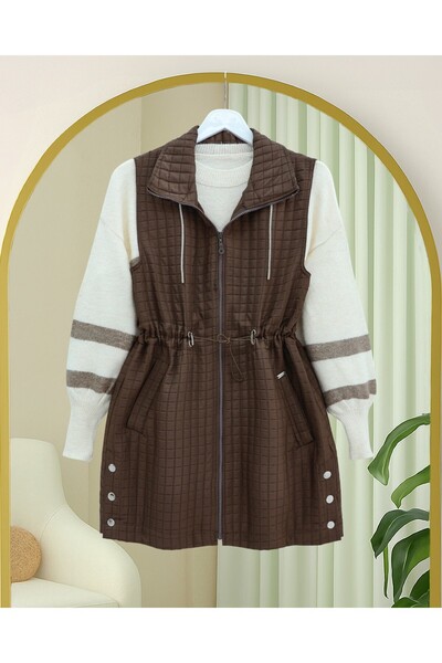 Modamorfo Quilted Vest with Lace-Up Collar, Elastic Waist and Pockets - Brown