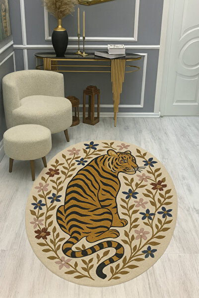 Rugs Modern Halı MOSSO Μπεζ θεματικό υφαντό χαλί με λεοπάρ και λουλουδάτο σχέ...