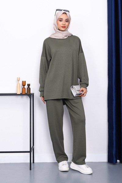 İmajButik Khaki Crew Neck Tunic Trousers Set