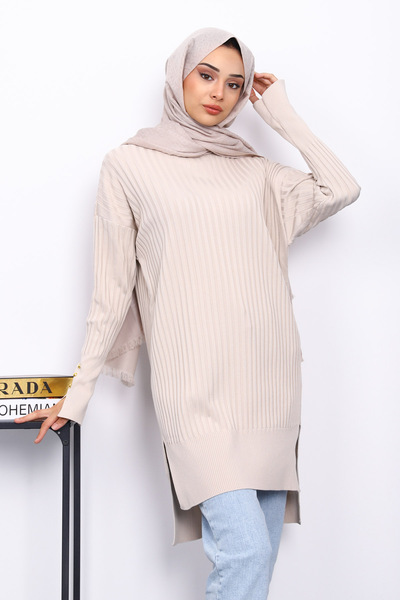 İmajButik Stone-Front Short-Front Long-Back Knit Tunic