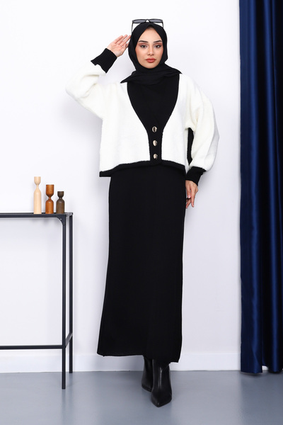 İmajButik Cream Buttoned Knitwear Cardigan Dress Double Combination