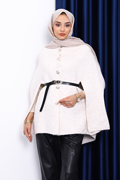 İmajButik Cream Belted Striped Knitwear Poncho