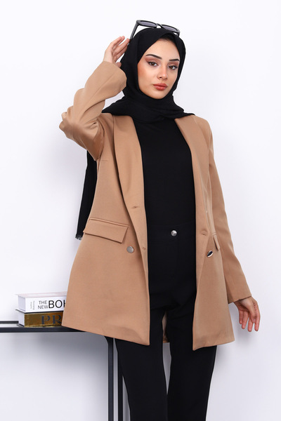 İmajButik Biscuit Buttoned Double Breasted Collar Crepe Jacket