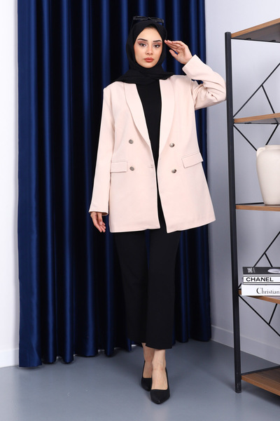 İmajButik Beige Buttoned Double-Breasted Collar Crepe Jacket