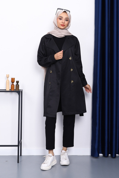 İmajButik Black Double Breasted Collar Trench Coat