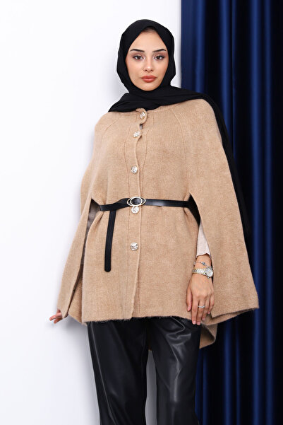 İmajButik Biscuit Belted Knitted Poncho