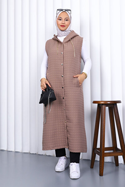İmajButik Mink Hooded Quilted Long Vest
