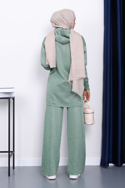 İmajButik Σετ πλεκτό με πράσινη κουκούλα και γκλίτερ