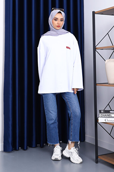 İmajButik White Crew Neck Two Thread Oversize Sweatshirt
