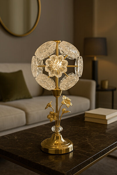 burenze Modern Tasarım Crystal Kristal Taşlı Abajur Masa Lambası 3 Renk Işıklı Parlak Gold Sarı Gövde