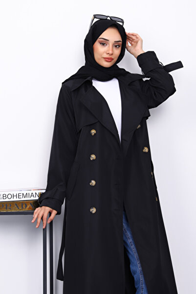 İmajButik Μαύρη καμπαρντίνα με γιακά και ζώνη