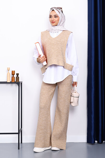İmajButik Mink Shirt Three-Piece Knitwear Set