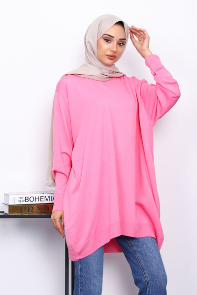 İmajButik Pink Crew Neck Mercerized Cold Yarn Tunic