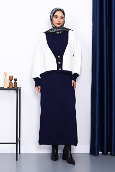 İmajButik Σετ δύο τεμαχίων με πλεκτό φόρεμα με κουμπιά σε μπλε ναυτικό χρώμα