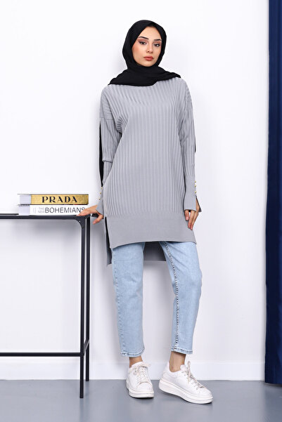 İmajButik Gray Short Front Long Back Knit Tunic
