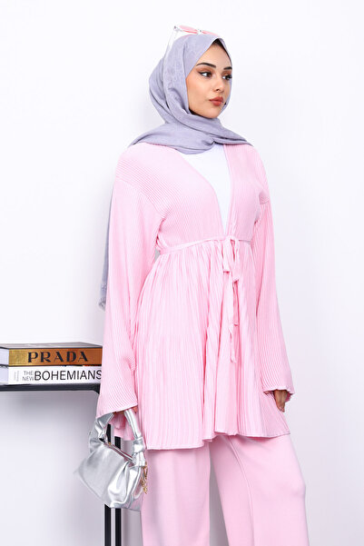 İmajButik Powder Pink Waist Belted Cardigan Trouser Set