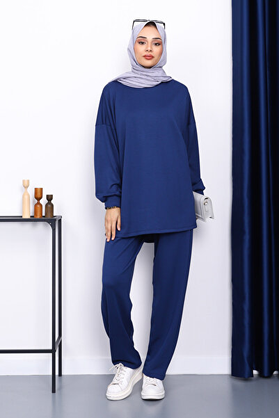 İmajButik Navy Blue Crew Neck Tunic Trouser Suit