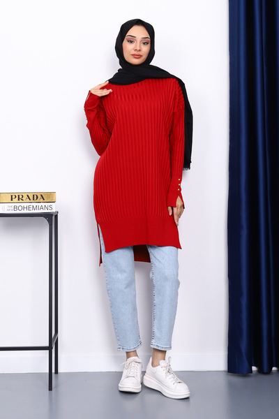 İmajButik Red Knit Tunic with Short Front and Long Back