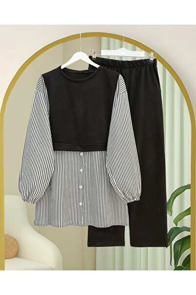 Modamorfo طقم قميص مخطط من القطن الممشط مع أكمام مطاطية - أسود