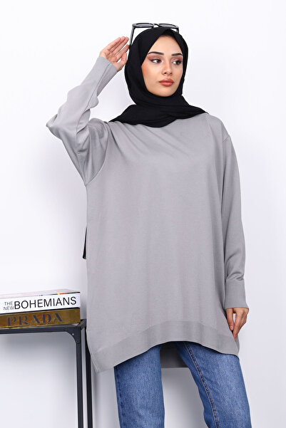 İmajButik Gray Crew Neck Mercerized Cold Yarn Tunic