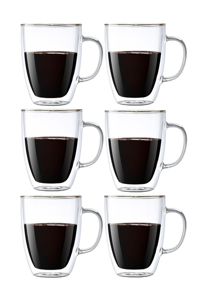 ELEGANT HOME 6-Piece Double Wall Glass Cup Set Clear With Handle 350ml