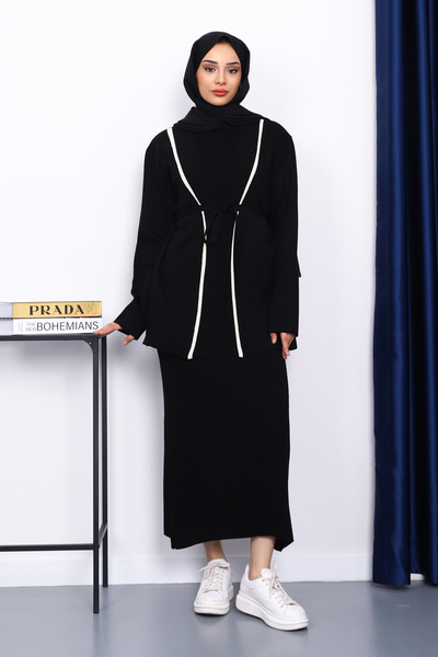 İmajButik Black Knitwear Cardigan Dress Double Combination
