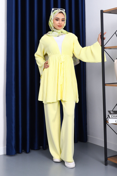 İmajButik Yellow Waist Belted Cardigan Trouser Suit