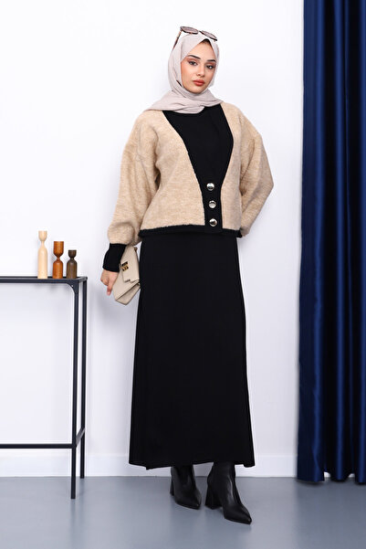İmajButik Black Mink Buttoned Knitwear Cardigan Dress Double Combination