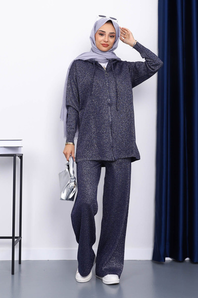 İmajButik Navy Blue Hooded Glitter Knitwear Set