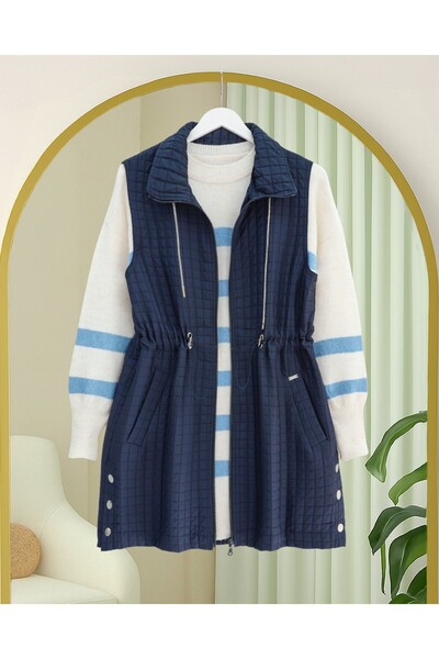 Modamorfo Lace-Up Collar, Elastic Waist, Pocketed Quilted Vest - Navy
