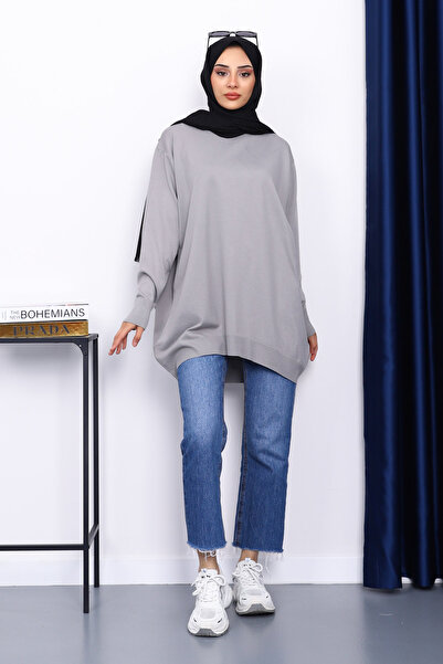 İmajButik Gray Crew Neck Mercerized Cold Yarn Tunic