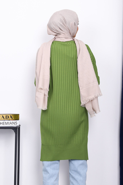 İmajButik Oil Green Short Front Long Back Knitwear Tunic