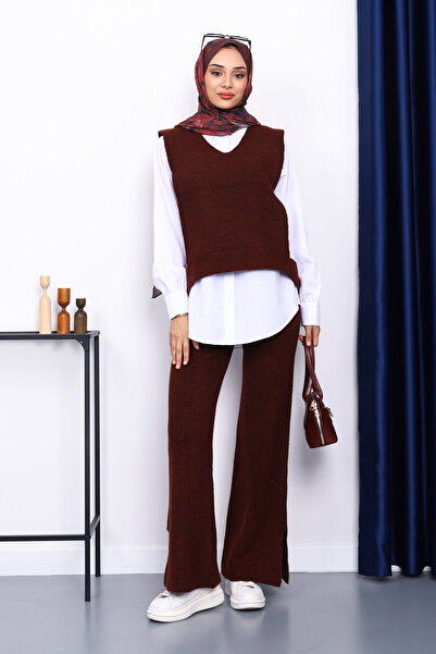 İmajButik Burgundy Shirt Three-Piece Knitwear Set