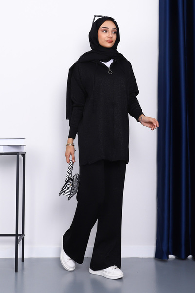 İmajButik Black Hooded Glitter Knitwear Set