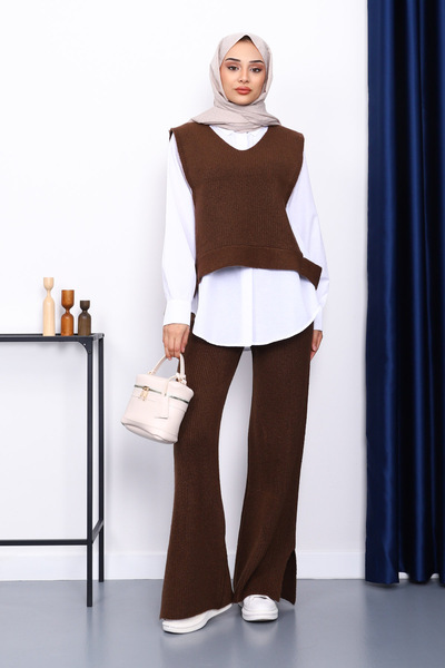 İmajButik Brown Shirt Triple Knitwear Set