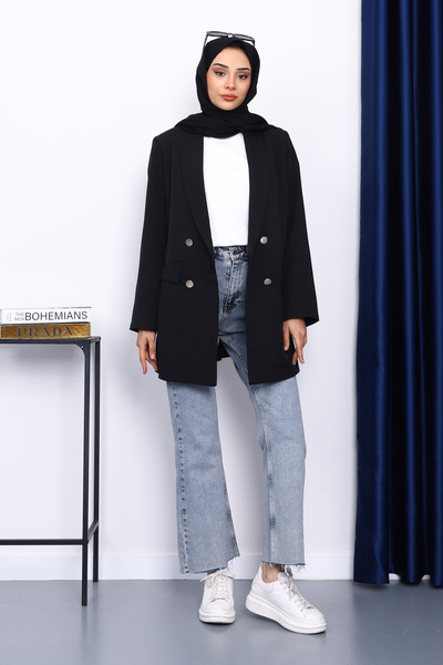 İmajButik Black Buttoned Double-Breasted Collar Crepe Jacket