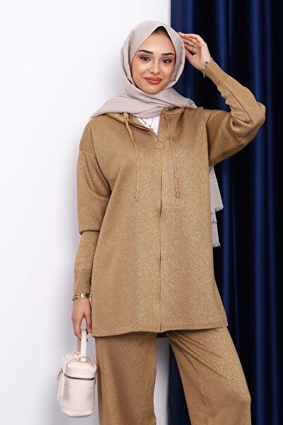 İmajButik Χρυσό Σετ Πλεκτό με Κουκούλα και Ασημί Λάμψη