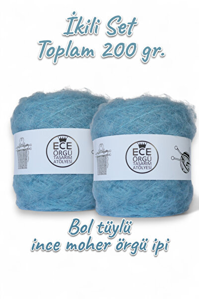 Ece Örgü Tasarım Atölyesi Mavi renkli, bol tüylü, ince moher örgü ipi (200 gr.)
