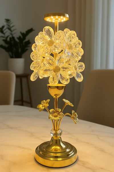 Fico Home Modern Lüks Papatya Kristal Taşlı Abajur Gold Sarı Ledli Abajur Şık...