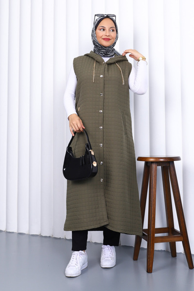 İmajButik Khaki Hooded Quilted Long Vest