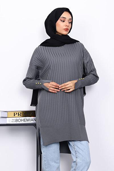 İmajButik Καπνιστό πλεκτό τούνικ με κοντό μπροστινό μέρος και μακρύ πίσω μέρος