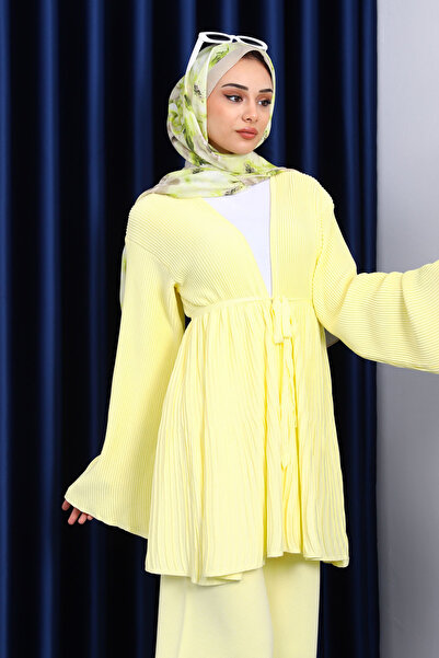İmajButik Yellow Waist Belted Cardigan Trouser Suit