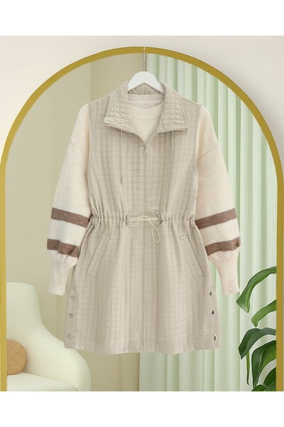 Modamorfo Quilted Vest with Lace-Up Collar, Elastic Waist and Pockets - Stone